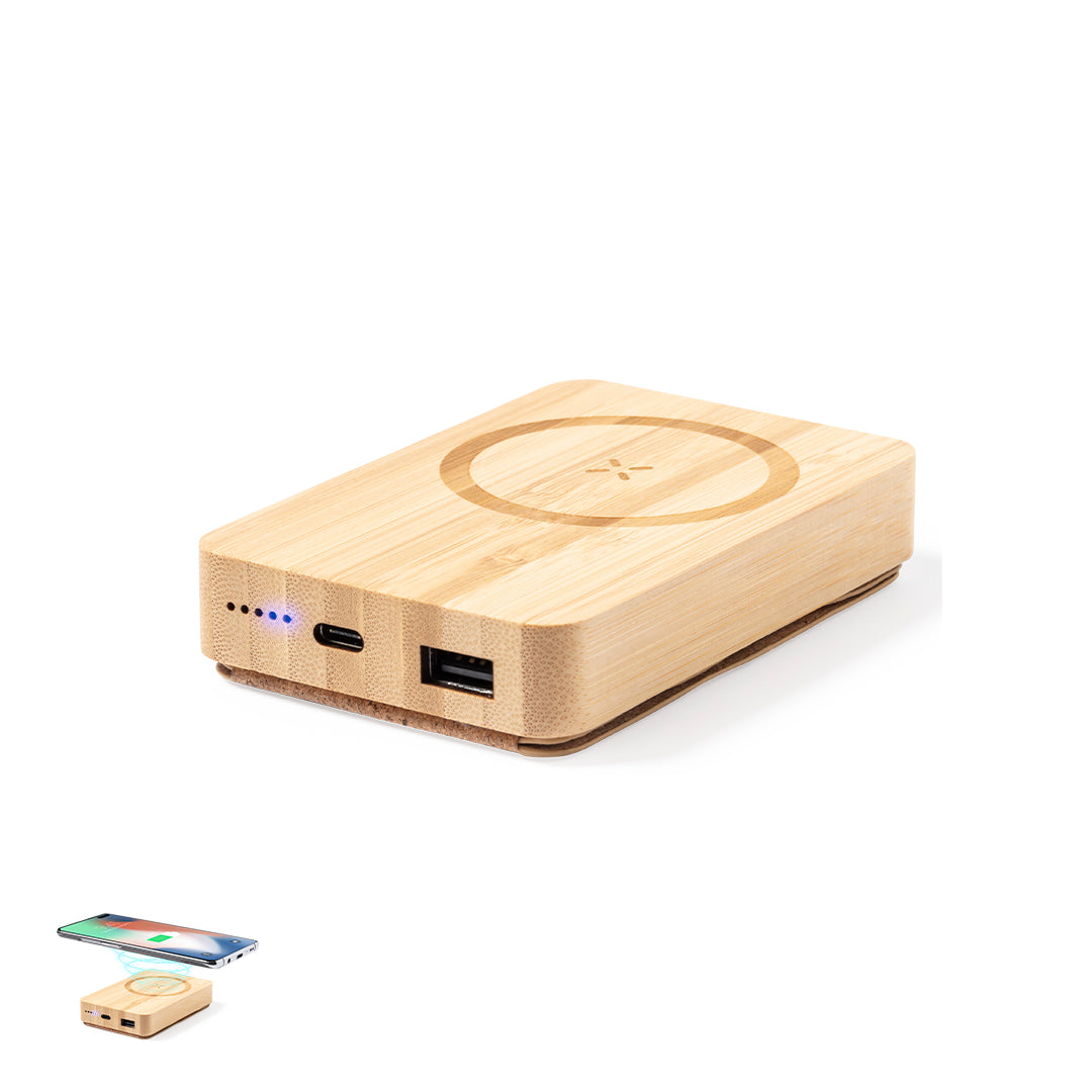 Power Bank Dobson em Bambu com Carregamento Sem Fios 15W