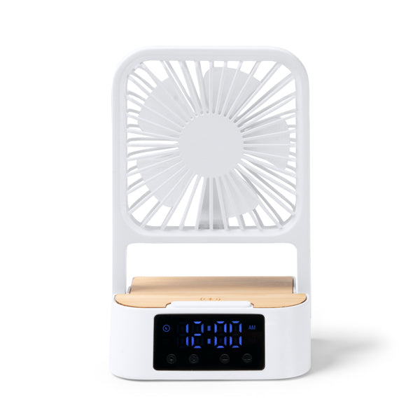 Ventoinha de Mesa com Relógio Digital e Base em Madeira