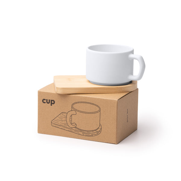 Conjunto de Caneca em Cerâmica Mate Geisa com Bandeja de Bambu