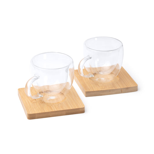 Canecas Duplas em Vidro Borosilicato com Bandejas de Bambu
