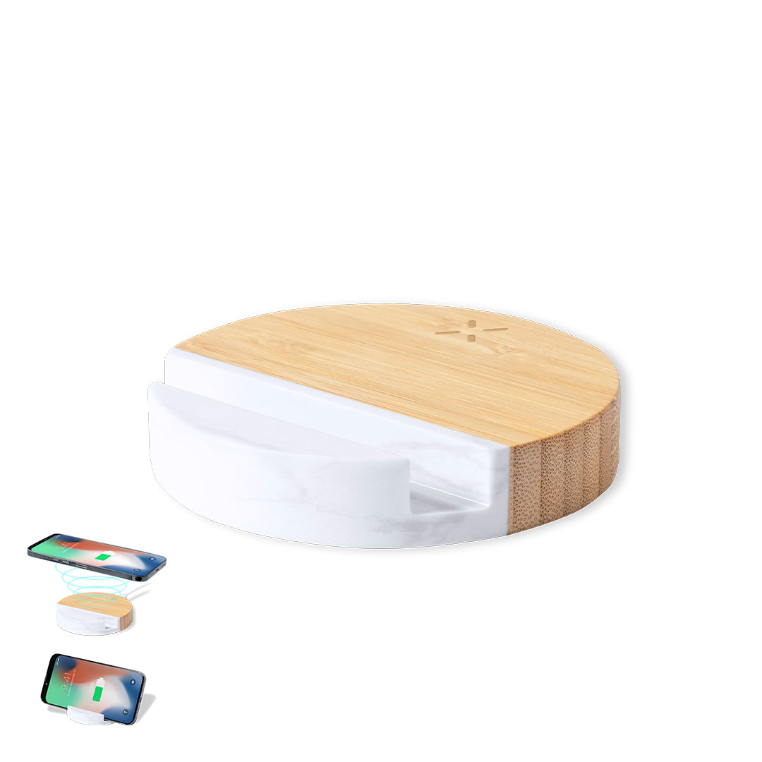 Carregador Sem Fios 15W com Suporte em Bambu e Mármore