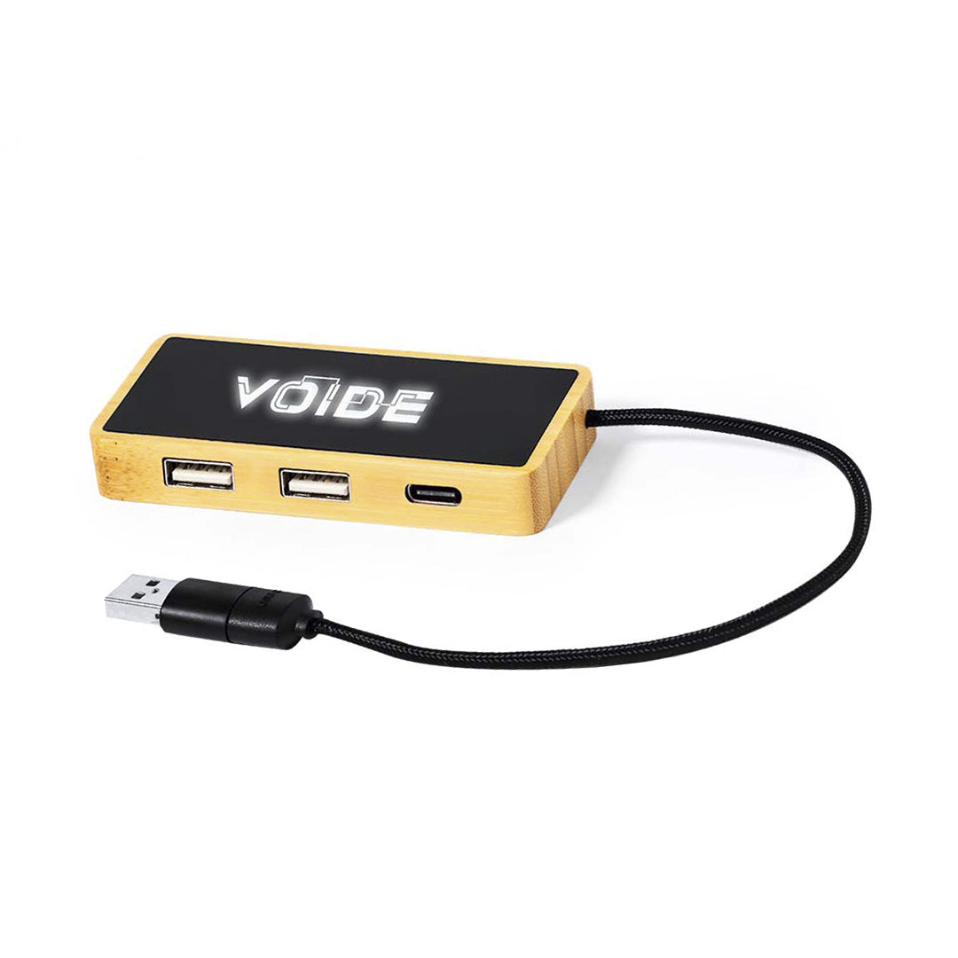 Porta USB 2.0 em Bambu com Luz LED e Porta Tipo C