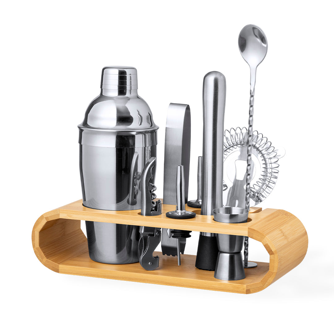 Set de Cocktail Hunton em Aço Inox com Base de Bambu