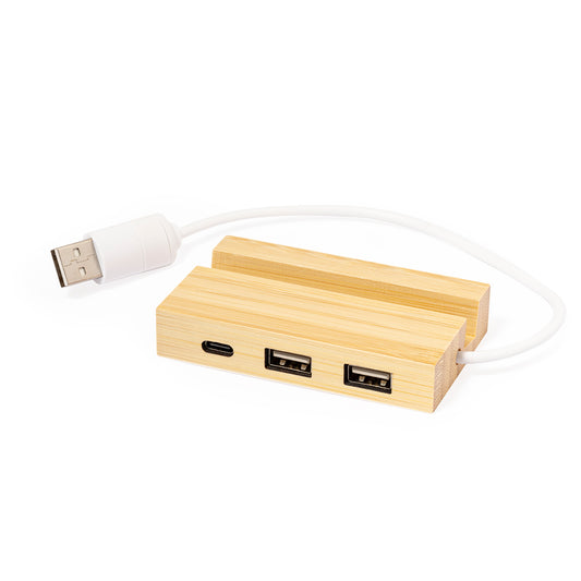 Hub USB 2.0 em Bambu com Porta Tipo C e Suporte