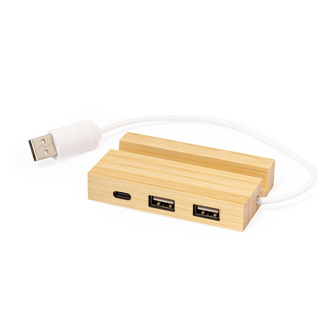 Hub USB 2.0 em Bambu com Porta Tipo C e Suporte