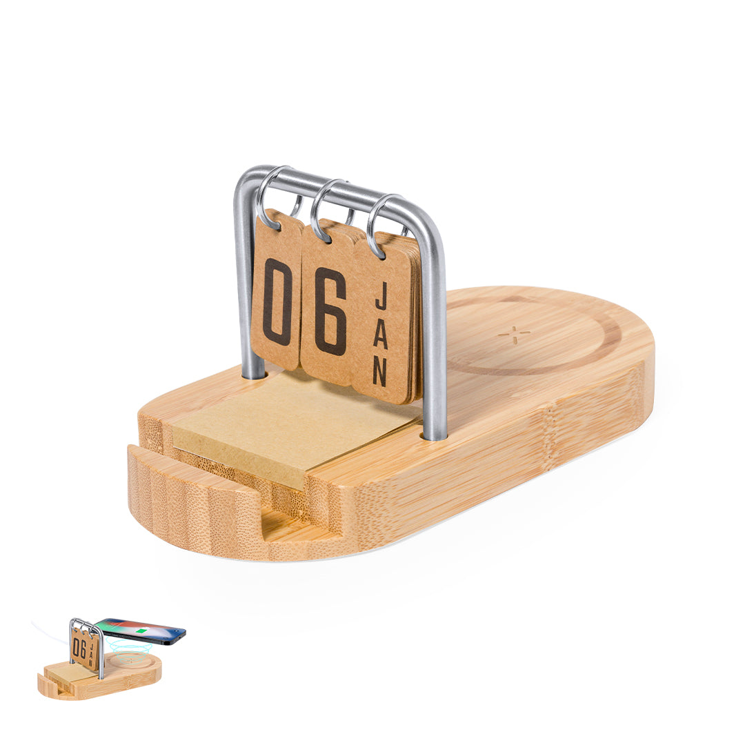 Carregador Multifuncional 15W em Bambu com Suporte e Calendário