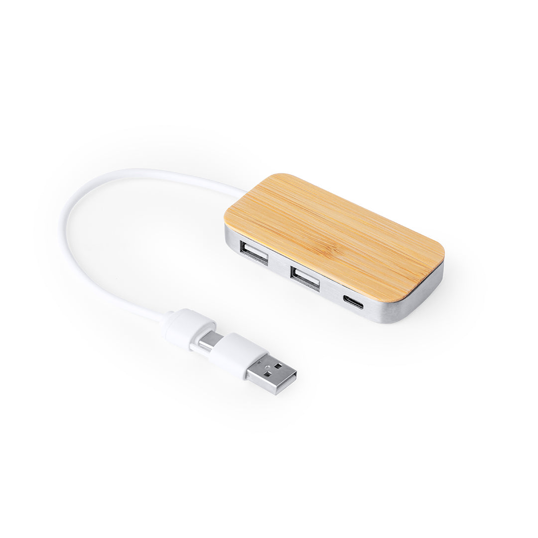 Hub USB 2.0 em Alumínio Reciclado com Bamboo