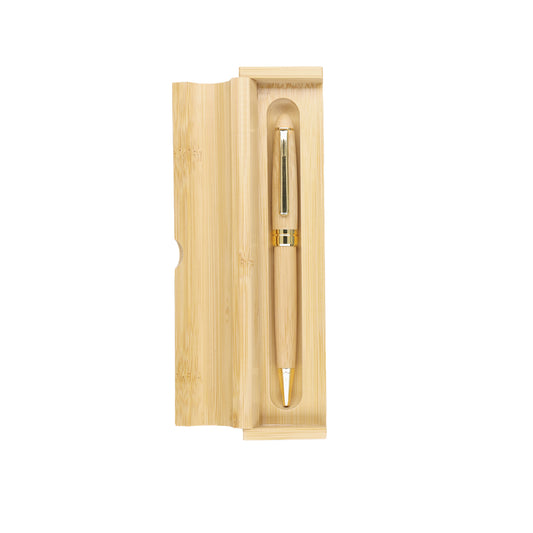 Caneta Elegante em Bambu com Acabamento Dourado