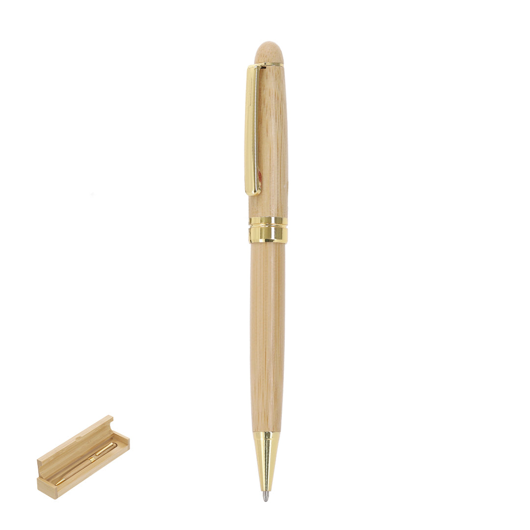 Caneta Elegante em Bambu com Acabamento Dourado