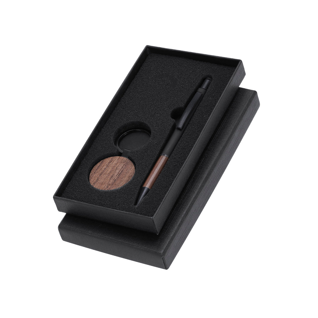 Set Elegante em Madeira de Nogal com Caneta e Llavero