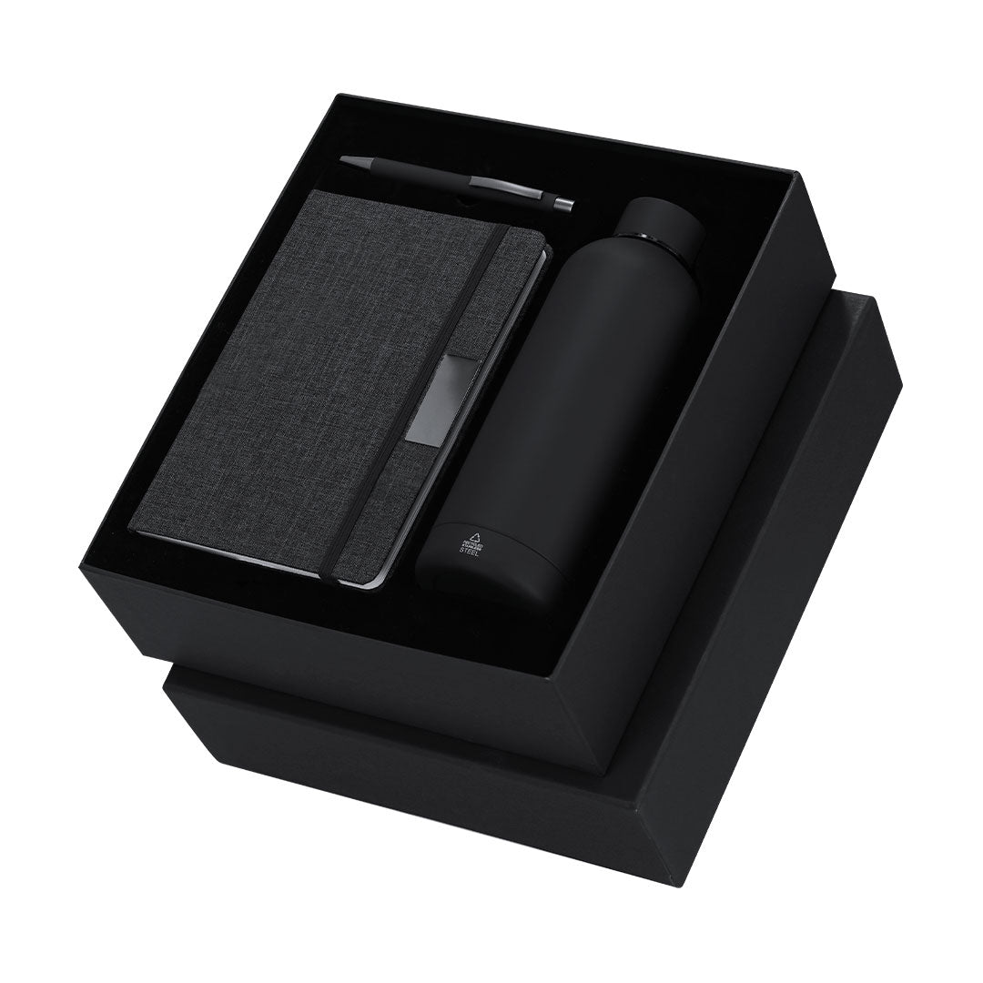 Set Keplix: Bloco, Caneta e Garrafa Térmica em Aço Inox