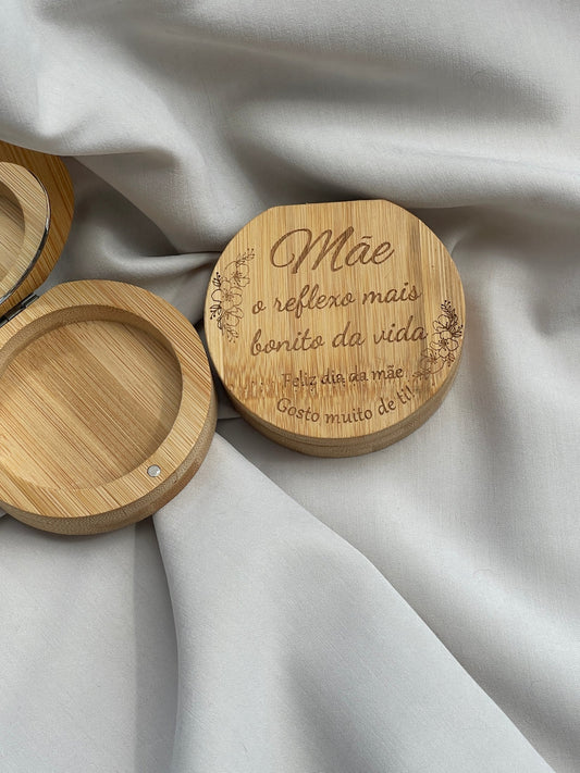 Porta-jóias com espelho com mensagem dia da mãe “Mãe, o reflexo mais bonito da vida”