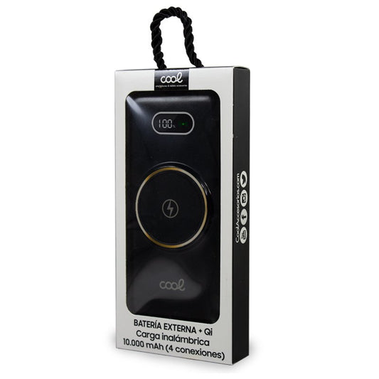 Banco de alimentação de bateria externa universal 10.000 mAh + carregamento sem fio Qi (4 conexões) Preto