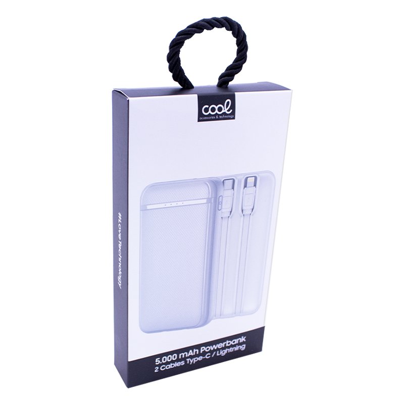 Bateria Externa Power Bank 5000 mAh COOL (2 Cabos: TYPE C / Lightning) Branco