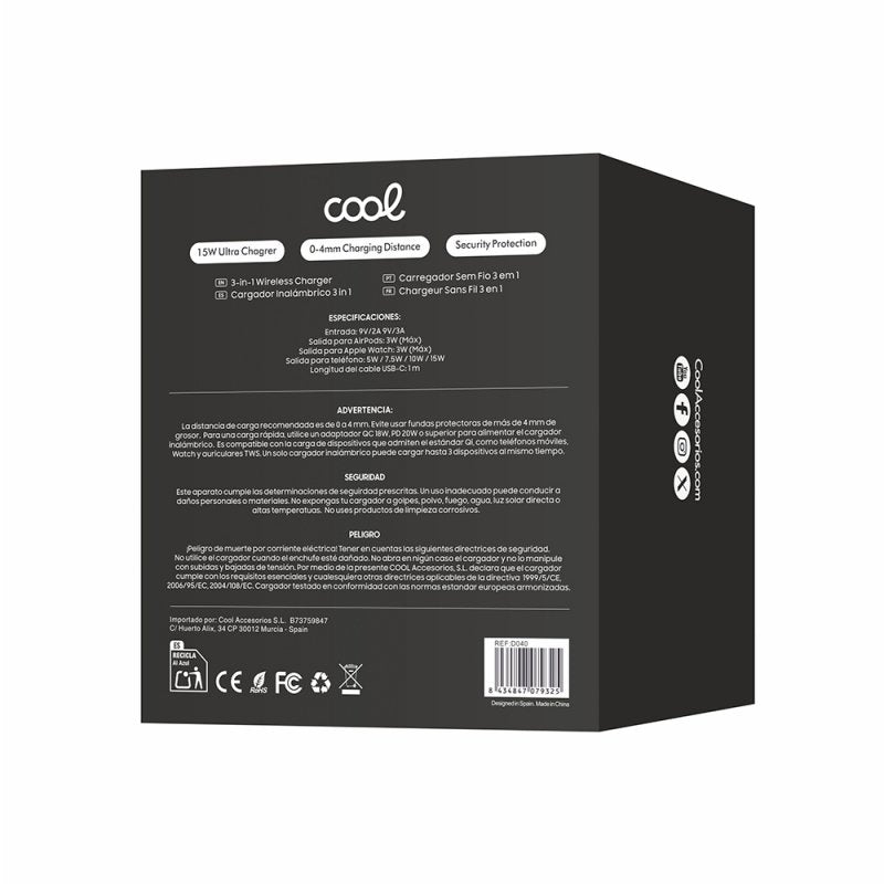 Carregador Base Dock Qi Sem Fio 3 em 1 COOL Preto