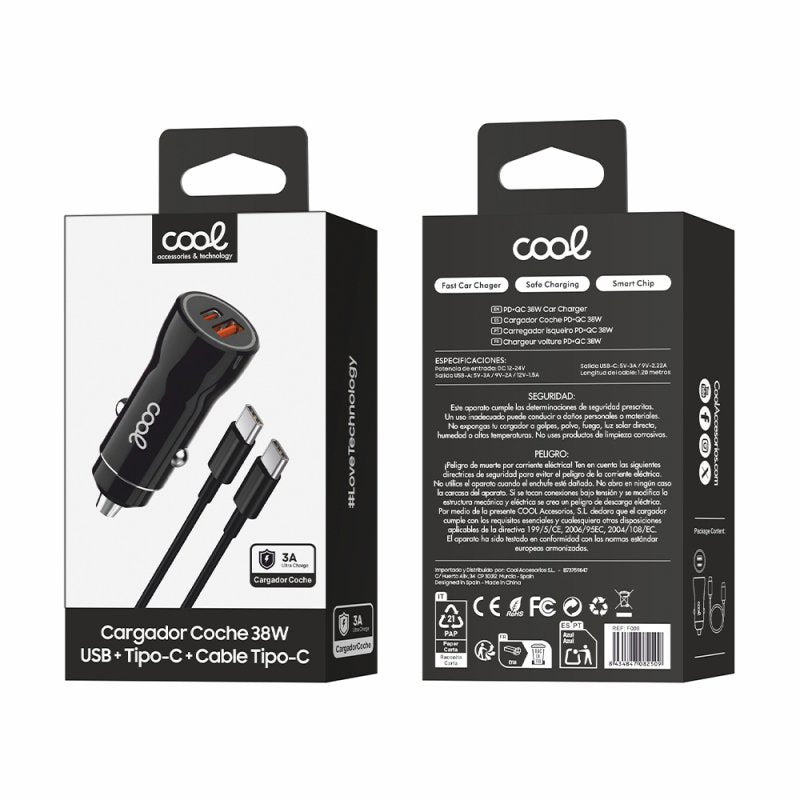 Carregador de Carro Cabo Tipo-C (2 x USB + Tipo-C) COOL 38W Kit 2 em 1 Preto