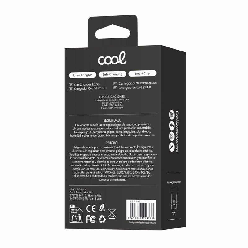 Carregador de carro de entrada USB dupla universal COOL preto 2,4 amp