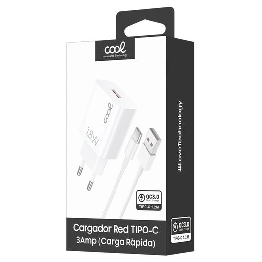 Carregador de Rede Conector Tipo-C Universal 3 Amp (Carga Rápida) COOL Kit 2 em 1 Branco