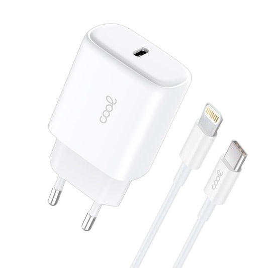 Carregador de Rede rápido universal (PD) Tipo C COOL (25 W) Branco + Cabo Tipo-C para Lightning