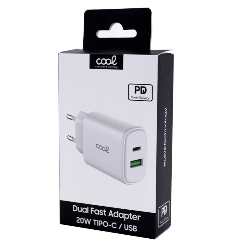 Carregador de rede Universal Fast Charger (PD) Dual Type-C / USB COOL (20W) Branco