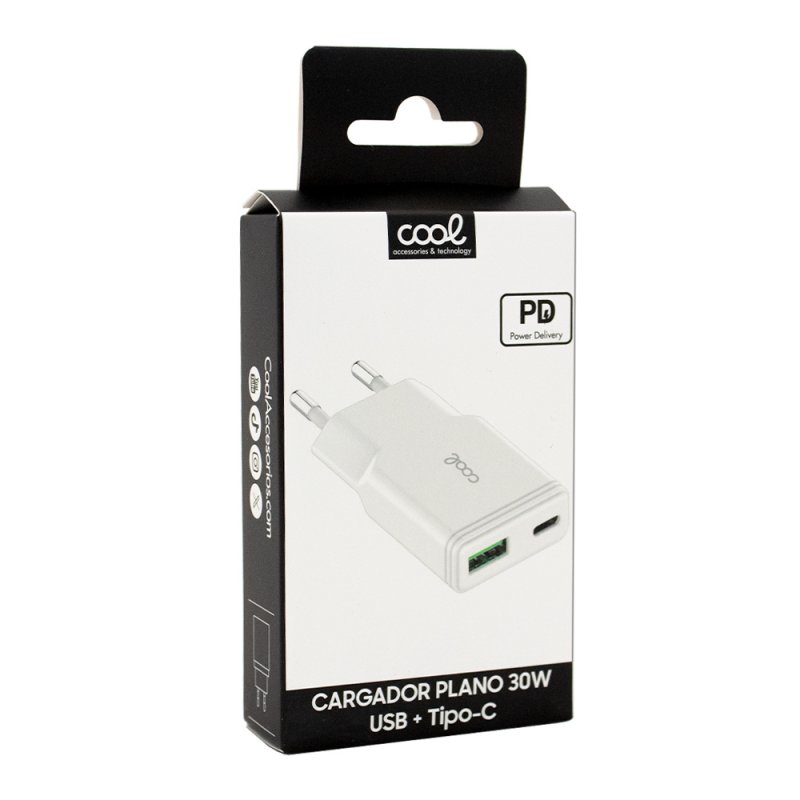 Carregador de Rede Universal Fast Charger (PD) Dual Type-C / USB COOL (30W) Branco