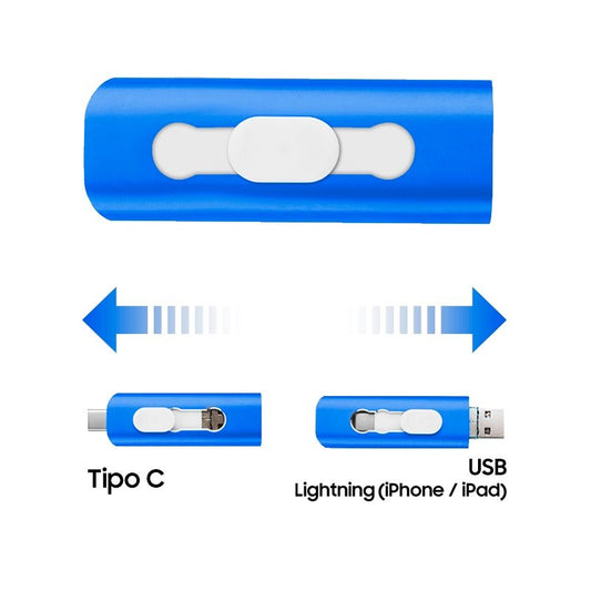 Pen Drive USB x64 GB COOL (3 em 1) Lightning / Type-C / USB Azul