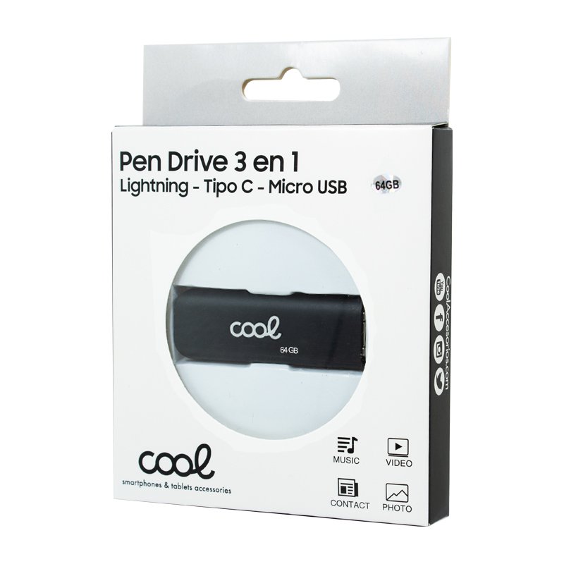 Pen Drive USB x64 GB COOL (3 em 1) Lightning / Type-C / USB Preto