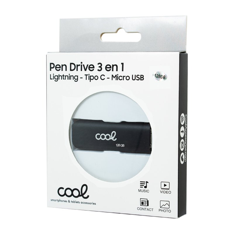 Pen Drive x USB 128 GB COOL (3 em 1) Lightning / Type-C / USB Preto