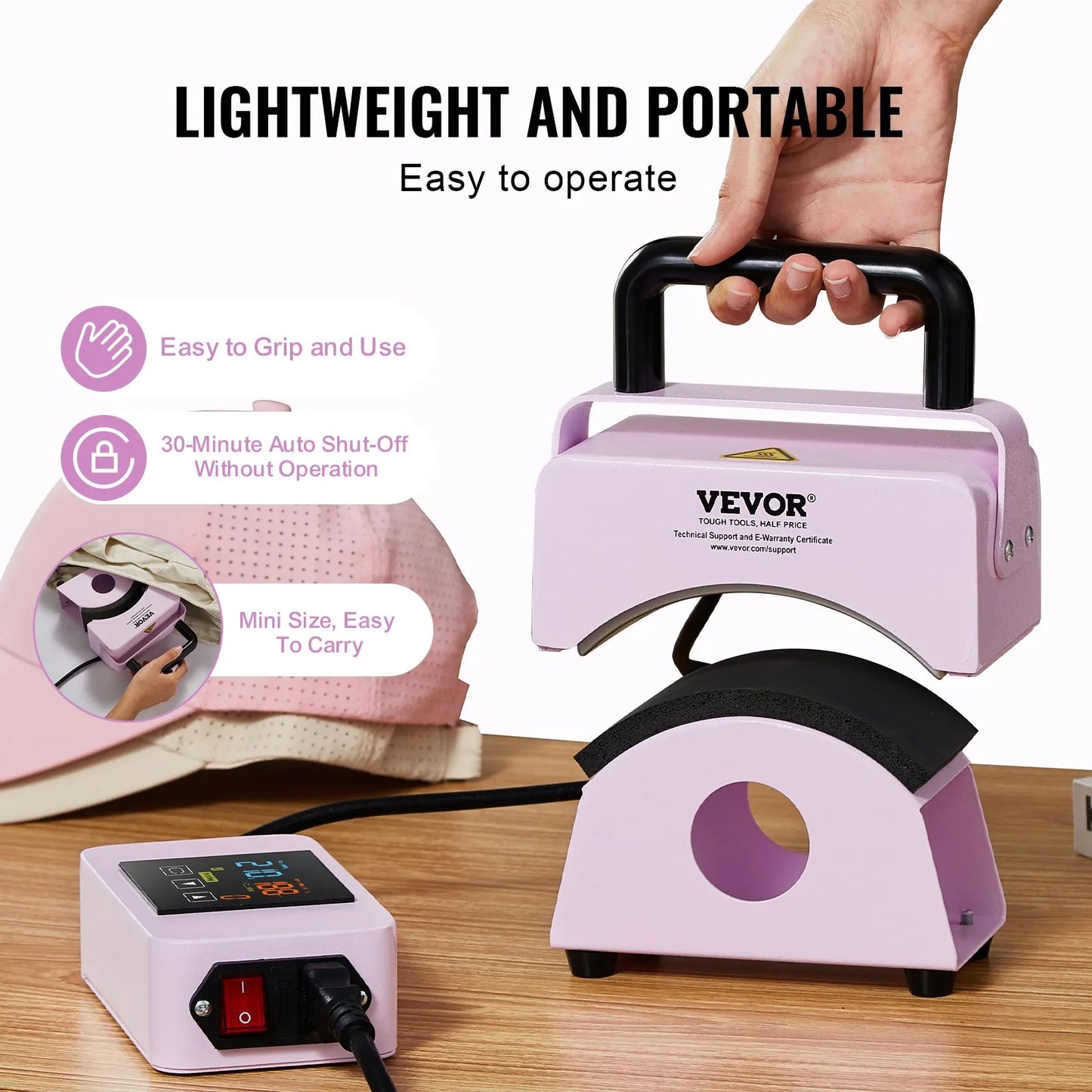 Máquina de prensa para chapéus VEVOR Mini prensa térmica para chapéus para bonés 5,9 x 3,15 polegadas placa roxa