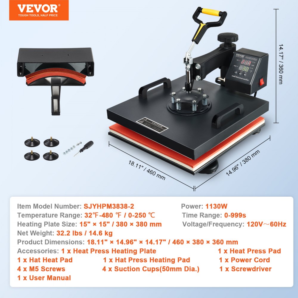 Prensa térmica Vevor TLM12001 38x38cm 2 em 1