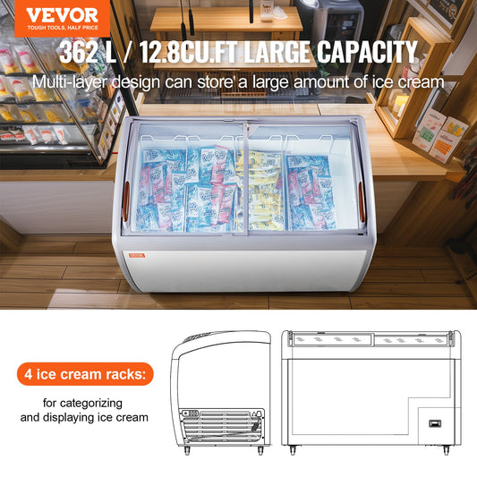 Expositor de Gelados Comercial VEVOR 362L com Tampa de Vidro