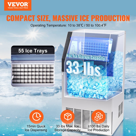 Máquina de Gelo Comercial VEVOR 100lbs/24H Rápida