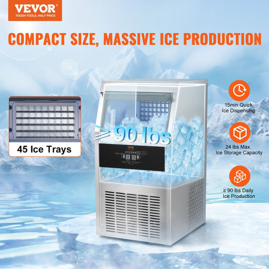 Máquina de Gelo Comercial VEVOR 90lbs/24H com Display LED