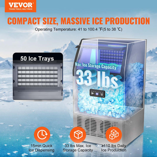 Máquina de Gelo Comercial VEVOR 54kg/24h - 50 Cubos