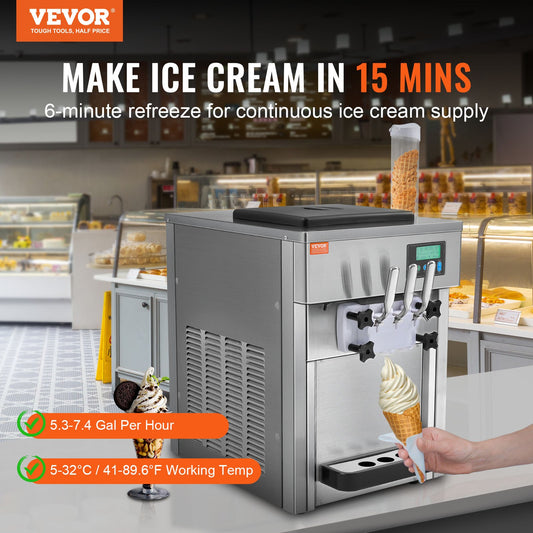 Máquina Gelados Soft Serve 3 Sabores 21 QT/H 1800W