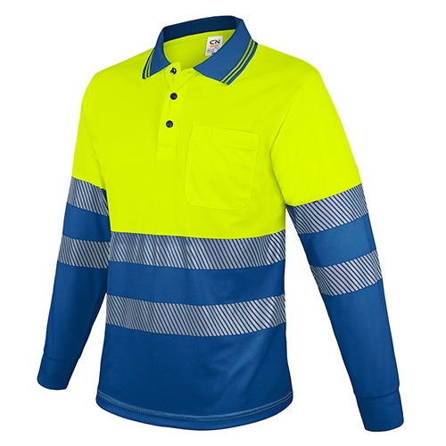 Polo Manga Longa com Bandas Reflectoras Amarelo Azul
