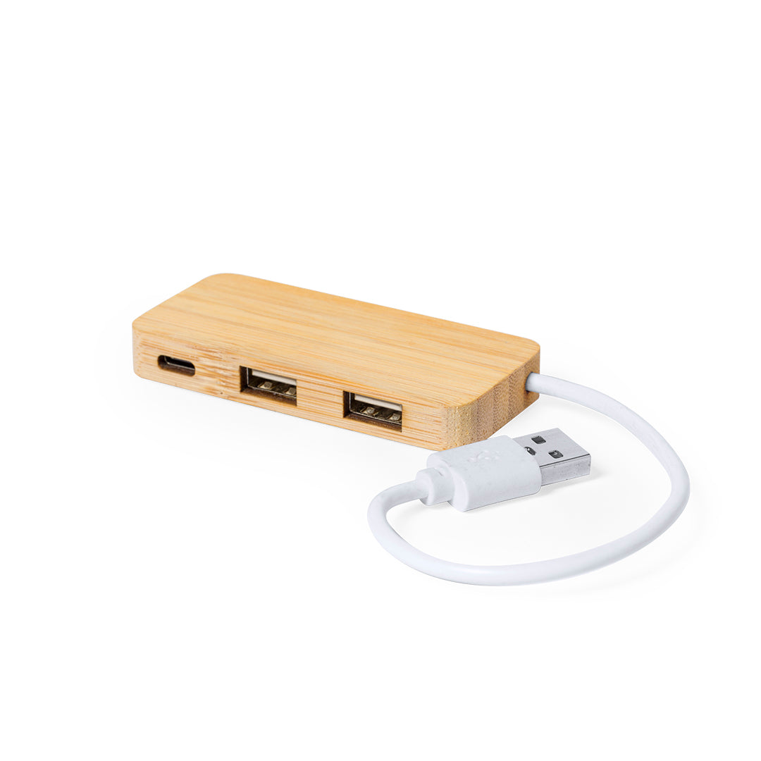 Hub USB 2.0 em Bambu com Porta Tipo C e USB
