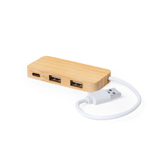 Hub USB 2.0 em Bambu com Porta Tipo C e USB