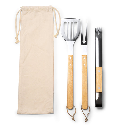 Conjunto de Utensílios de Churrasco em Aço Inoxidável com Cabo em Madeira