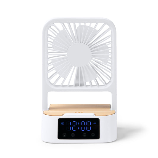 Ventoinha de Mesa com Relógio Digital e Base em Madeira
