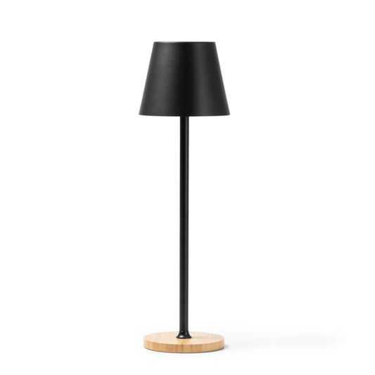 Lâmpada de Pé em Metal com Base de Madeira Natural