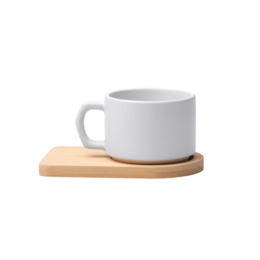 Conjunto de Caneca em Cerâmica Mate Geisa com Bandeja de Bambu