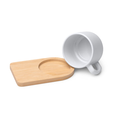Conjunto de Caneca em Cerâmica Mate Geisa com Bandeja de Bambu