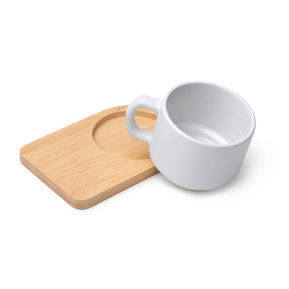Conjunto de Caneca em Cerâmica Mate Geisa com Bandeja de Bambu