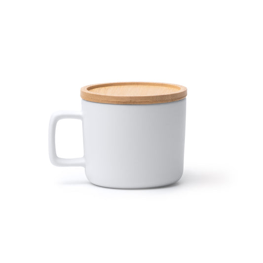 Caneca de Cerâmica Branca 350ml com Tampa de Bambu