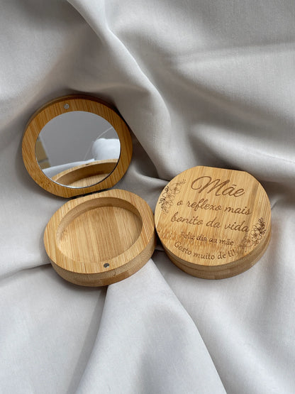 Porta-jóias com espelho com mensagem dia da mãe “Mãe, o reflexo mais bonito da vida”