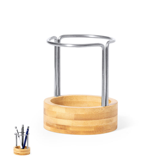 Porta-Lápis de Bambu e Aço Inoxidável Elegante