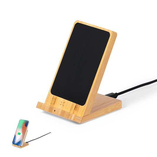 Carregador Sem Fios Bambu com Suporte Elegante