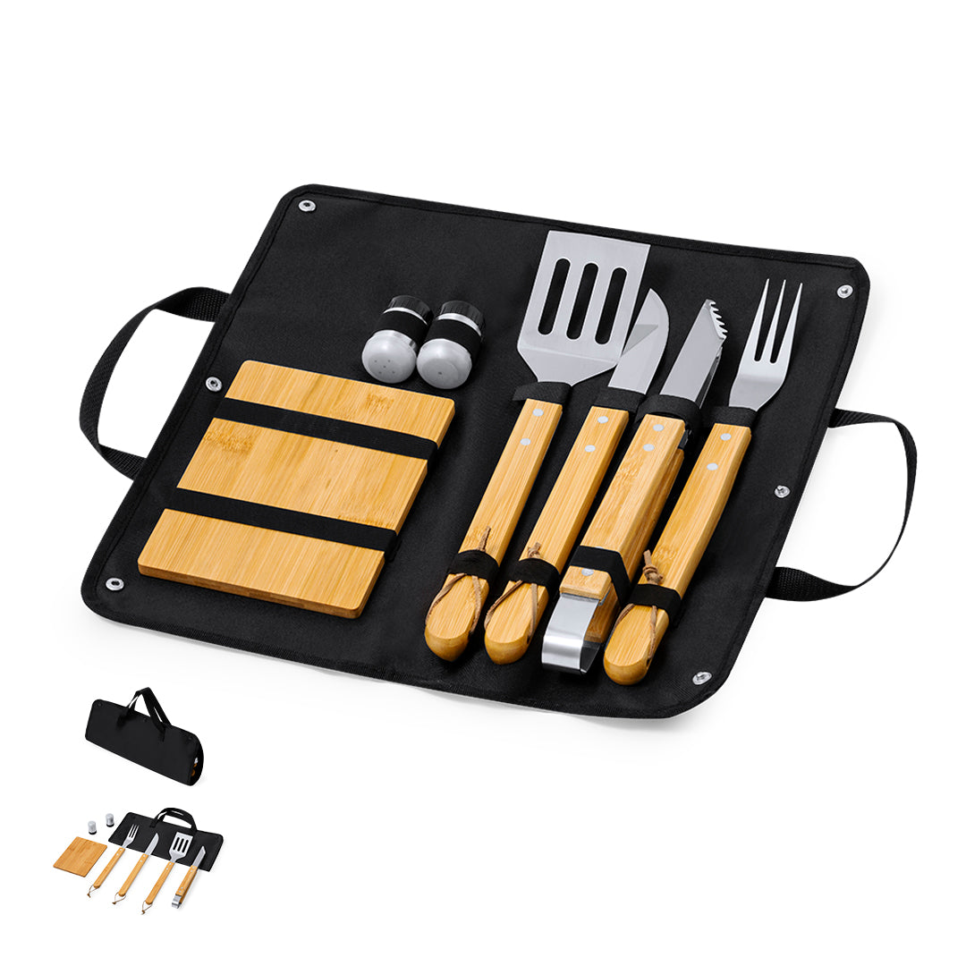 Set de Churrasco em Bambu e Aço Inoxidável