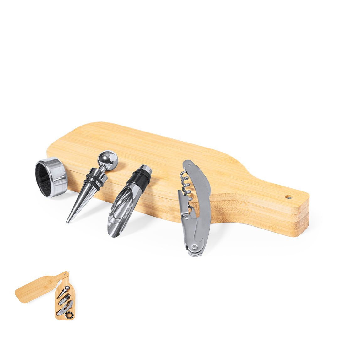 Set de Vinhos em Bambu com Acessórios Inox